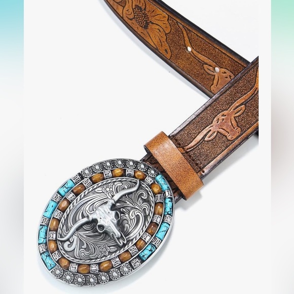 Western cowgirl buckle Leather Belt medium 31” - 35” size - Picture 2 of 5